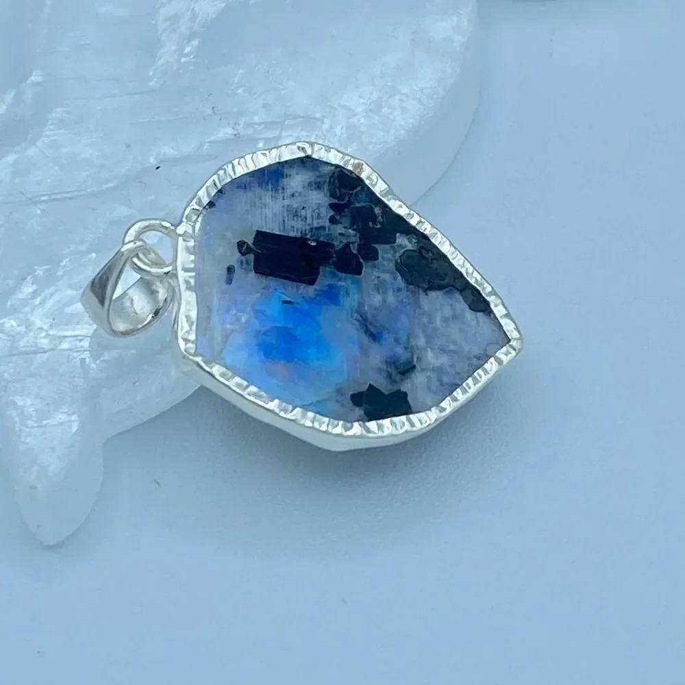 Black Tourmaline In Rainbow Moonstone Slice Sterling Silver Pendant